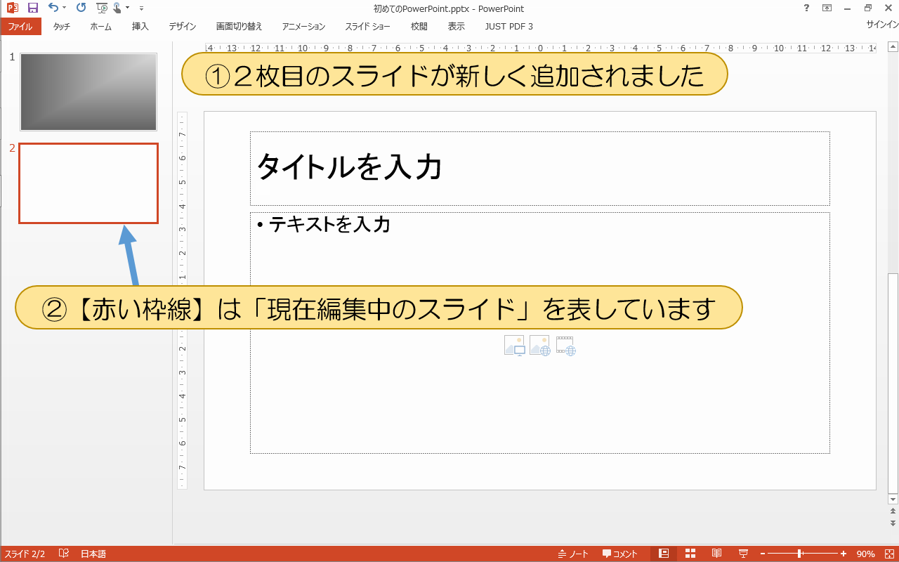 【赤い枠線】は「現在編集中のスライド」を表しています