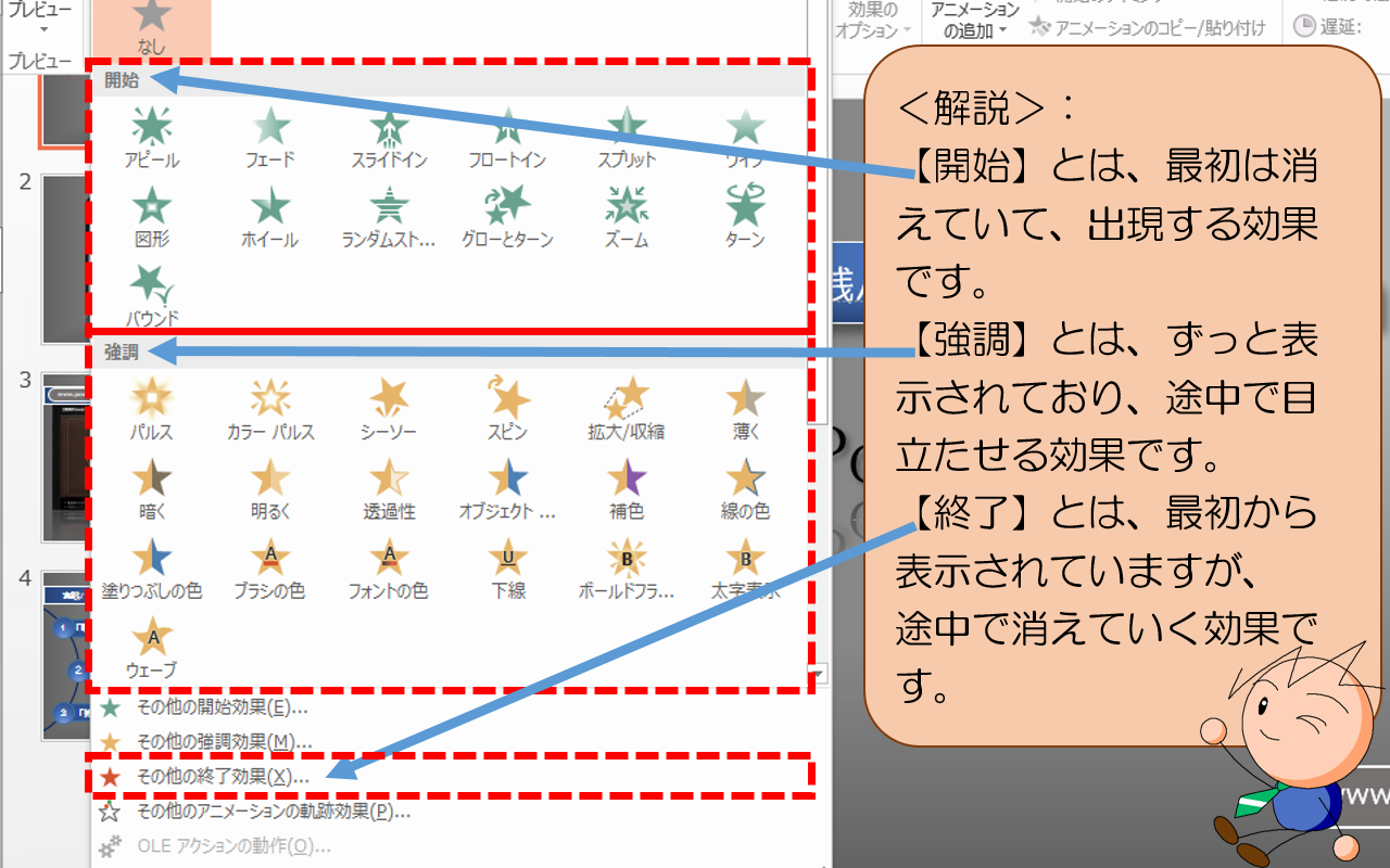 【開始】とは、最初は消えていて、出現する効果